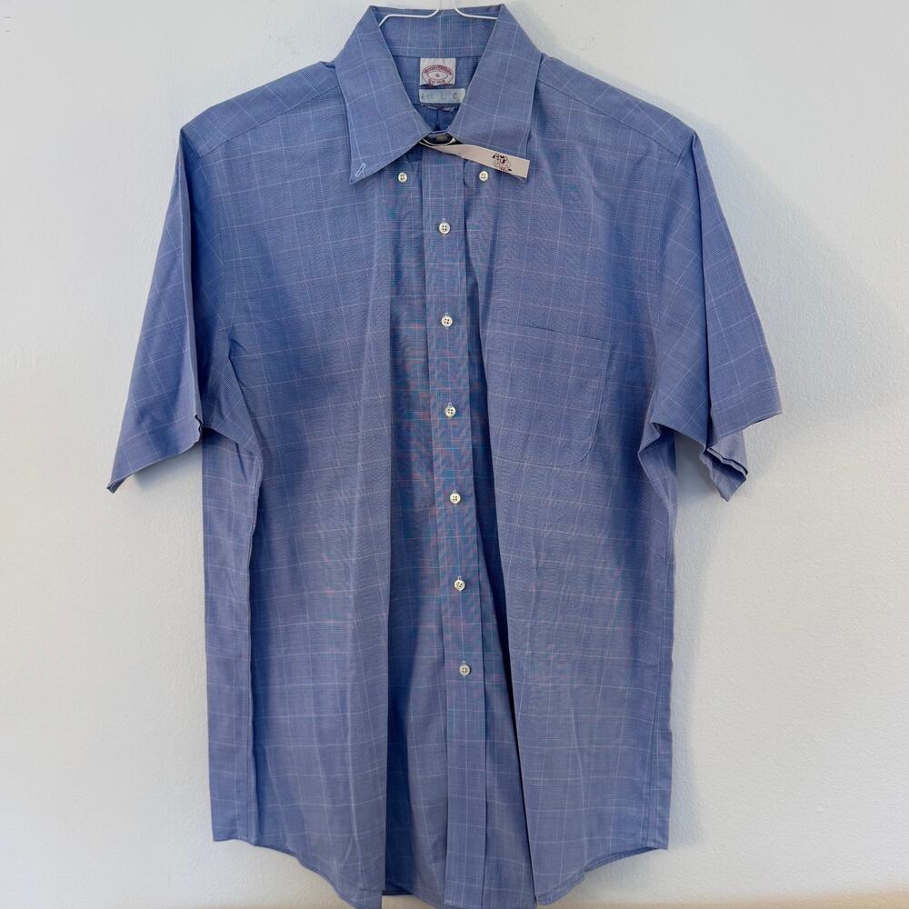 Brooks Brothers Men's Blue Plaid Short Sleeve Dress Shirt Neck Size 16 L Preppy